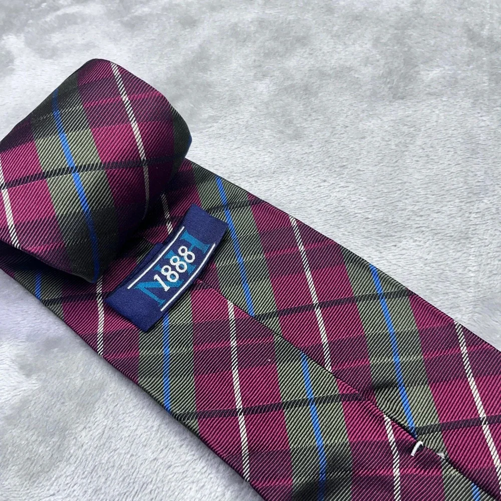 Nick‎ Hilton 1888 Silk Necktie Plaid Burgundy Green Blue Mens Fashion